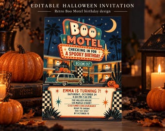 Halloween Birthday Invitation Template, Editable Canva Bundle, Retro Motel, Printable and Mobile Formats
