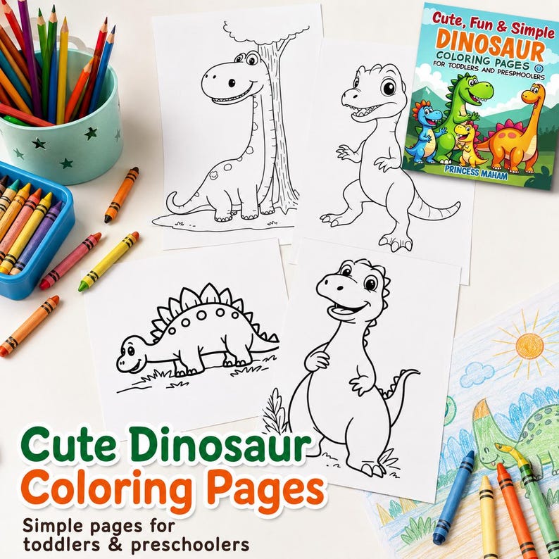 May include: A collection of dinosaur coloring pages with crayons and colored pencils. The pages feature simple dinosaur illustrations and the text "Cute Dinosaur Coloring Pages" and "Cute, Fun & Simple Dinosaur Coloring Pages for Toddlers and Preschoolers."