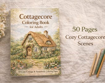 Può includere: Un "Libro da colorare Cottagecore per adulti" con un'illustrazione ad acquerello di un cottage. Il libro presenta 50 pagine di scene e include matite colorate.