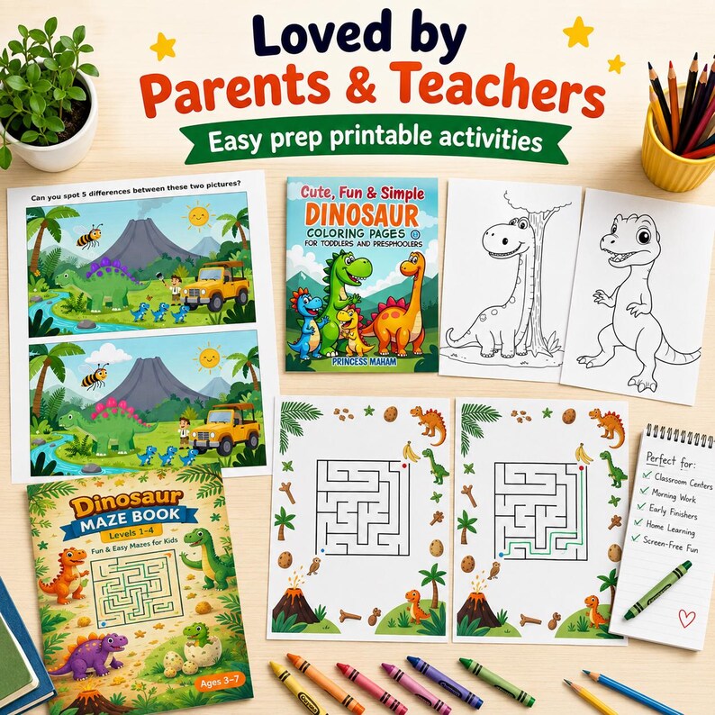 May include: A collection of children's activity books and coloring pages featuring dinosaurs. The image includes a maze book, coloring pages, and a "spot the difference" game. Text includes "Loved by Parents & Teachers" and "Easy prep printable activities."