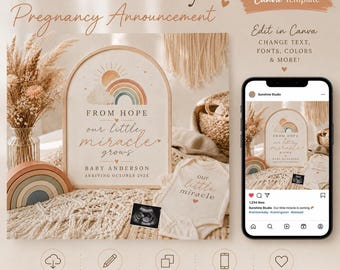 Boho Rainbow Baby Pregnancy Announcement Template, Gender Neutral Social Media Reveal (Digital Download)