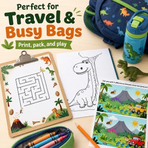 May include: A collection of dinosaur-themed travel activities. Includes a clipboard with a maze, coloring pages, a water bottle, a backpack, a pencil case with crayons, and a small dinosaur toy. The text reads "Perfect for Travel & Busy Bags."