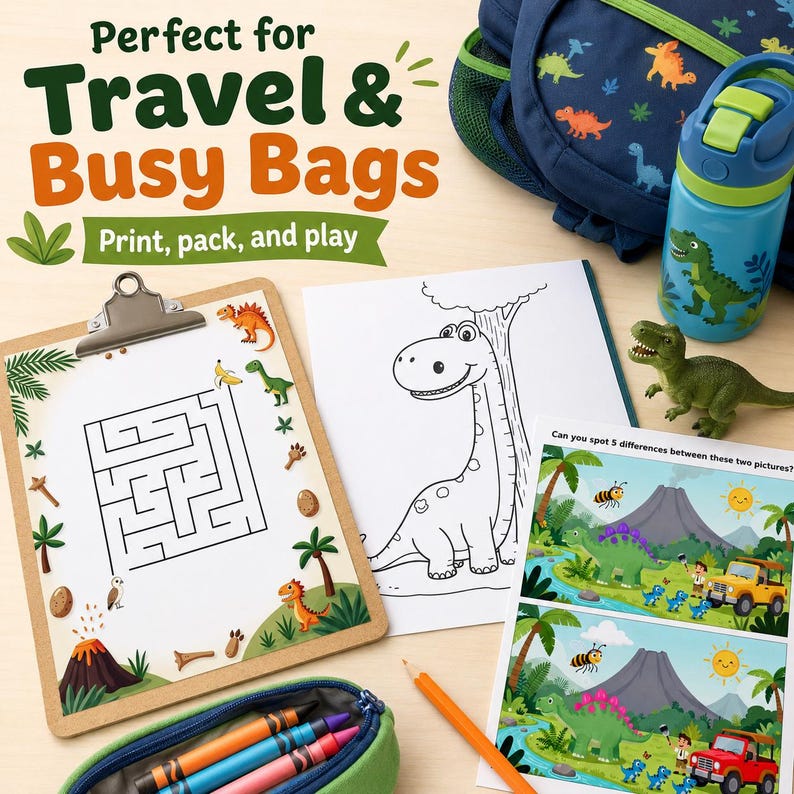 May include: A collection of dinosaur-themed travel activities. Includes a clipboard with a maze, coloring pages, a water bottle, a backpack, a pencil case with crayons, and a small dinosaur toy. The text reads "Perfect for Travel & Busy Bags."