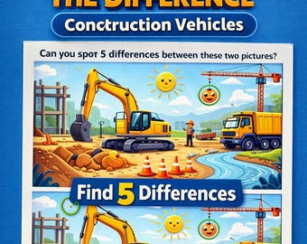 Construction Vehicles Spot the Difference Puzzle Book, Kids Activity (Digital Download)