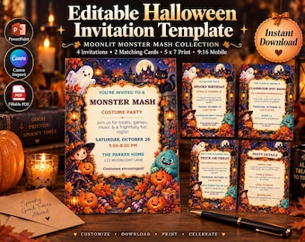 Editable Halloween Invitation Template, 4 Event Versions, 5x7 + Mobile, PowerPoint & Fillable PDF