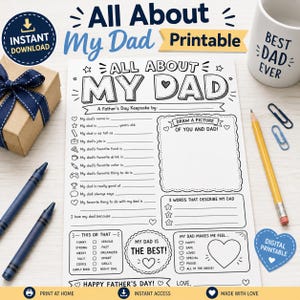 Op de afbeelding: Een afdrukbaar Vaderdag aandenken getiteld "All About My Dad". Het ontwerp bevat invulvelden, een ruimte voor een tekening en een mok met de tekst "Best Dad Ever". Inclusief een geschenkdoos, kleurpotloden en een potlood.