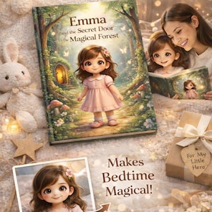 May include: A children's book titled "Emma and the Secret Door to the Magical Forest" with a cartoon illustration of a girl in a pink dress. The image includes a gift box, a stuffed bunny, and text that reads "Your Child Becomes the Hero."