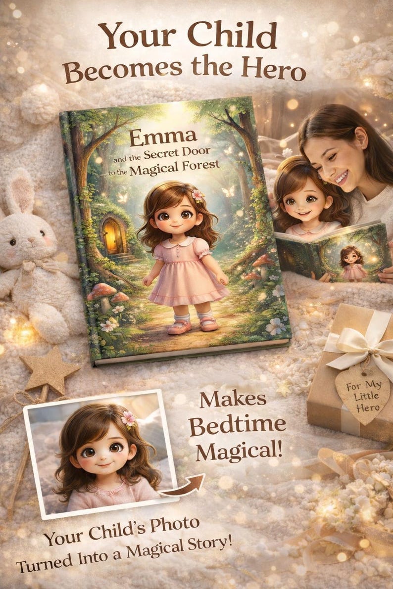 May include: A children's book titled "Emma and the Secret Door to the Magical Forest" with a cartoon illustration of a girl in a pink dress. The image includes a gift box, a stuffed bunny, and text that reads "Your Child Becomes the Hero."