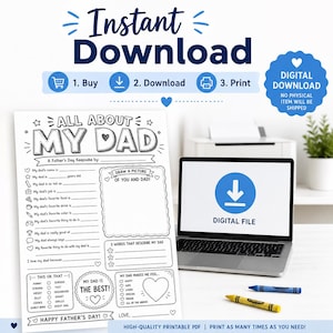 Op de afbeelding: Een printbaar Vaderdag-activiteitenblad met de titel "All About My Dad" met invulsecties en tekenopdrachten. De afbeelding toont een laptop met een digitaal bestandpictogram, kleurpotloden en de tekst "Instant Download".