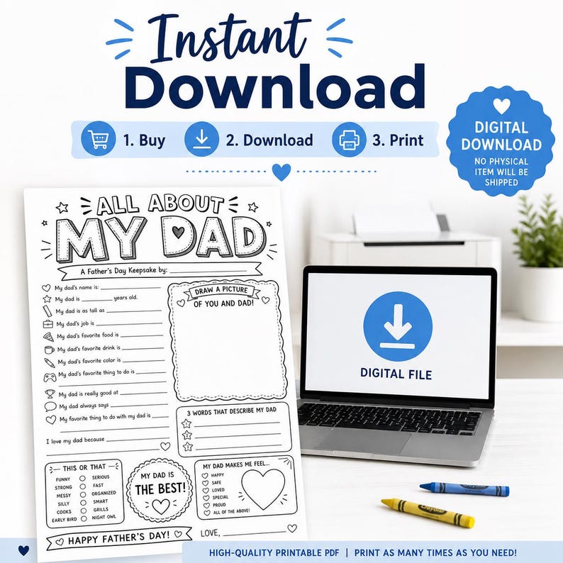Op de afbeelding: Een printbaar Vaderdag-activiteitenblad met de titel "All About My Dad" met invulsecties en tekenopdrachten. De afbeelding toont een laptop met een digitaal bestandpictogram, kleurpotloden en de tekst "Instant Download".