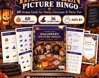 Halloween Bingo Printable, 60 Unique Picture Cards, Kids Classroom & Party Game