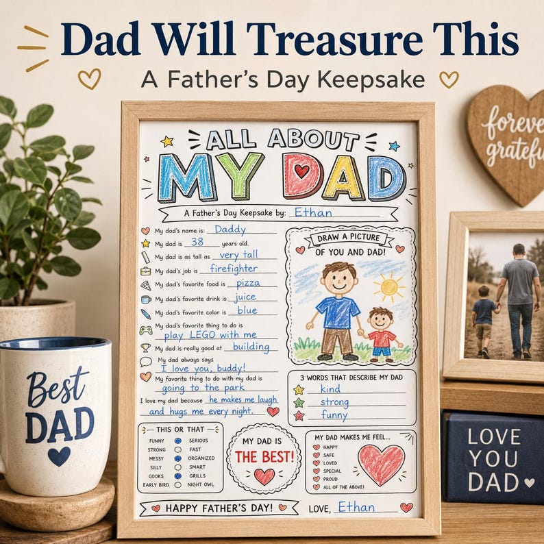 Op de afbeelding: Een ingelijst Vaderdag-aandenken met de tekst "All About My Dad". Het kunstwerk bevat invulvelden over de naam, leeftijd, baan en favoriete dingen van de vader. Een "Best Dad" mok staat links.