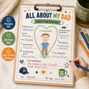 A wooden clipboard with the text "ALL ABOUT MY DAD" and "Father's Day Interview". The form includes prompts to fill in information about a dad, with a drawing of a person in the center. Includes a "Best Dad Ever" mug.