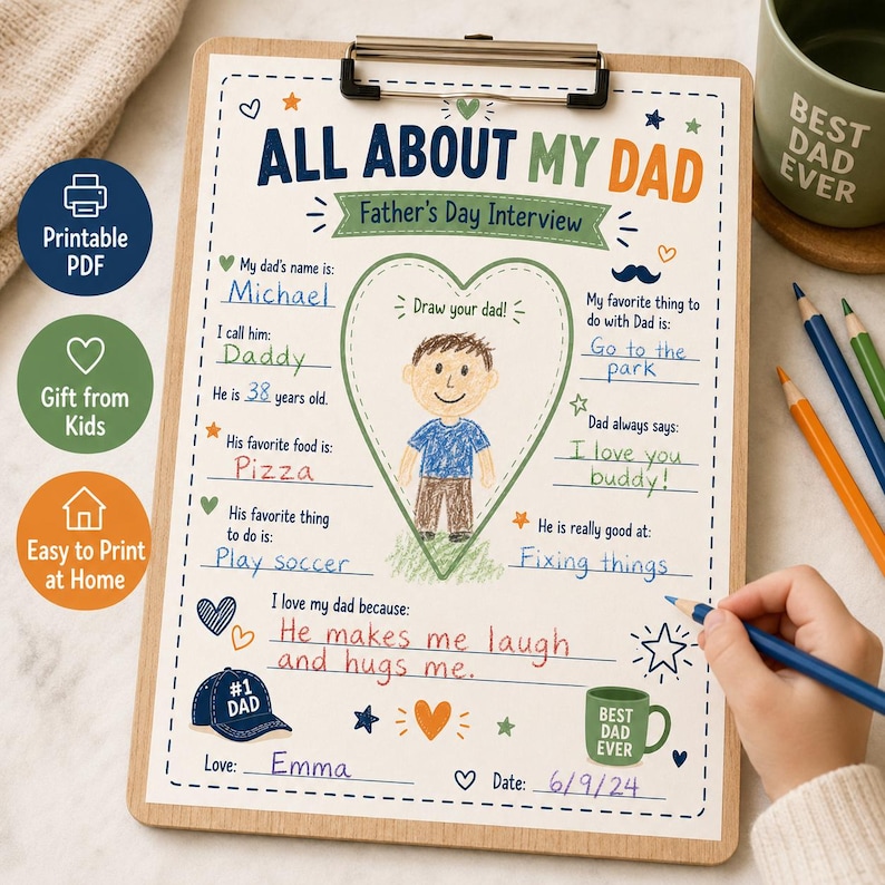 A wooden clipboard with the text "ALL ABOUT MY DAD" and "Father's Day Interview". The form includes prompts to fill in information about a dad, with a drawing of a person in the center. Includes a "Best Dad Ever" mug.