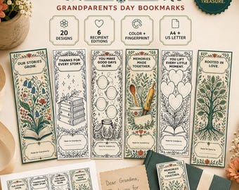 Grandparents Day Printable Bookmarks Bundle, 20 Coloring & Fingerprint Keepsake Designs for Kids