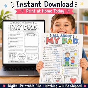 Op de afbeelding: Een afdrukbaar Vaderdag aandenken met de tekst "All About My Dad". Het ontwerp bevat invulvelden, een ruimte voor een tekening en een sectie om Papa te beschrijven. De afbeelding toont ook een laptop.