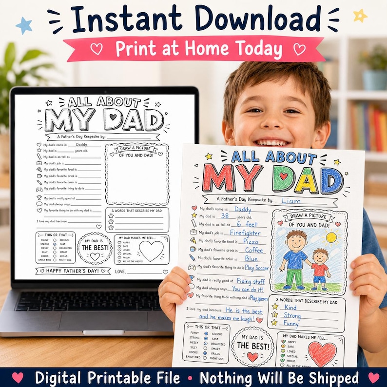 Op de afbeelding: Een afdrukbaar Vaderdag aandenken met de tekst "All About My Dad". Het ontwerp bevat invulvelden, een ruimte voor een tekening en een sectie om Papa te beschrijven. De afbeelding toont ook een laptop.