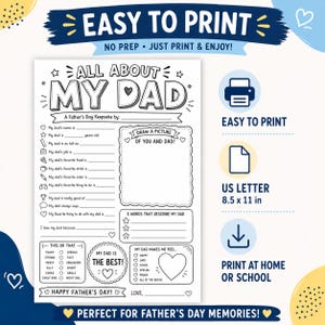 Op de afbeelding: Zwart-wit afdrukbaar Vaderdag aandenkingsblad met invulvragen over Papa. Bevat ruimte voor een tekening en opties om Papa te beschrijven. De tekst luidt "Easy to Print" en "Perfect for Father's Day Memories!"