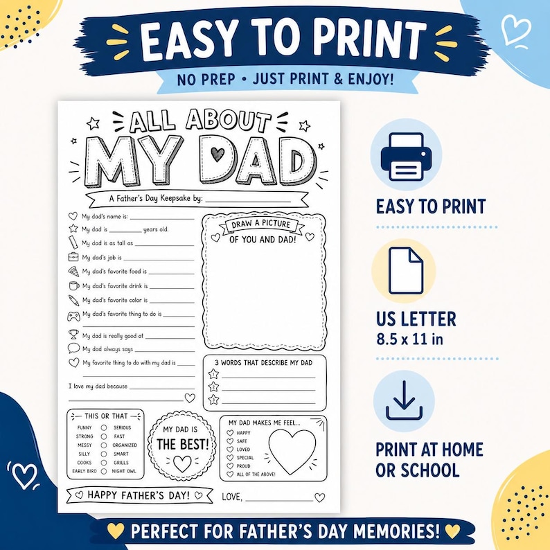 Op de afbeelding: Zwart-wit afdrukbaar Vaderdag aandenkingsblad met invulvragen over Papa. Bevat ruimte voor een tekening en opties om Papa te beschrijven. De tekst luidt "Easy to Print" en "Perfect for Father's Day Memories!"