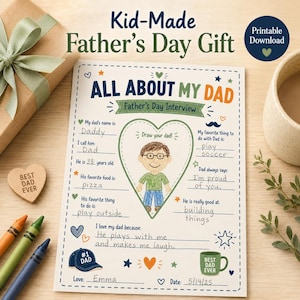 A printable Father's Day interview sheet with the text "All About My Dad." The sheet includes prompts for the child to fill out, such as Dad's name, age, favourite food, and favourite activities. A gift box and crayons are also visible.
