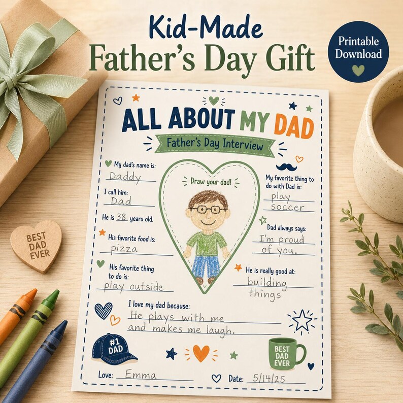 A printable Father's Day interview sheet with the text "All About My Dad." The sheet includes prompts for the child to fill out, such as Dad's name, age, favourite food, and favourite activities. A gift box and crayons are also visible.