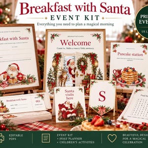 May include: A Breakfast with Santa event kit featuring printable signs, invitations, and activity sheets. The collection includes a welcome sign, a pancake station card, a word search, and tickets, all decorated with illustrations of Santa Claus.