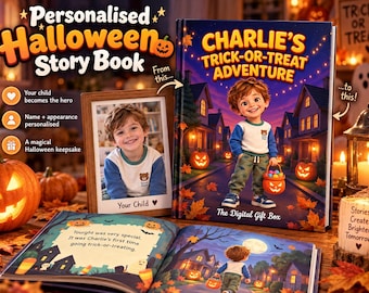 Personalized Halloween Story Book for Kids, Custom Photo-to-Cartoon First Trick-or-Treat Adventure PDF