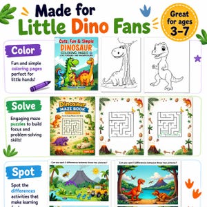 May include: A colorful children's activity set with the text "Made for Little Dino Fans". Includes coloring pages, a maze book, and spot-the-difference activities. Designed for ages 3-7.