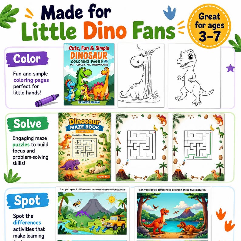 May include: A colorful children's activity set with the text "Made for Little Dino Fans". Includes coloring pages, a maze book, and spot-the-difference activities. Designed for ages 3-7.