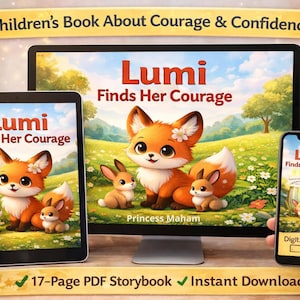 以下が含まれることがあります： タブレット、コンピューターモニター、スマートフォンに表示された「Lumi Finds Her Courage」というタイトルの子供向けの本のデジタルイラスト。表紙には、オレンジ色のキツネと2匹のウサギが野原に描かれています。「Children's Book About Courage & Confidence」というテキストが上部にあります。