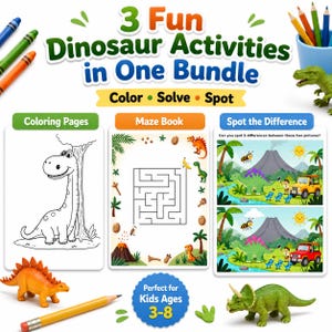 May include: A bundle of three dinosaur-themed activity books for kids ages 3-8. Includes coloring pages, a maze book, and a spot-the-difference game. The image features colorful illustrations, toy dinosaurs, and pencils.
