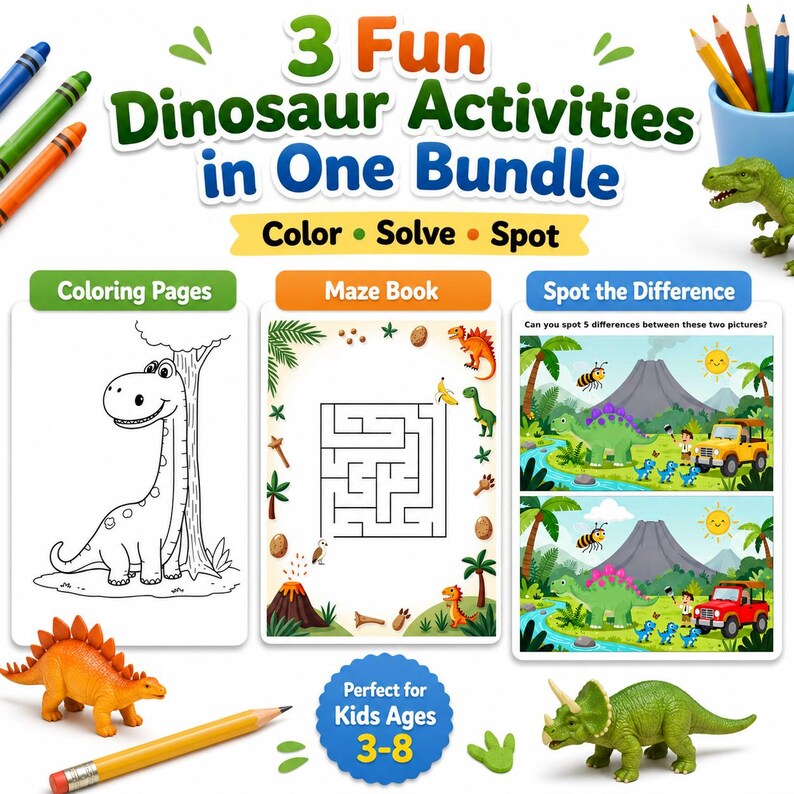 May include: A bundle of three dinosaur-themed activity books for kids ages 3-8. Includes coloring pages, a maze book, and a spot-the-difference game. The image features colorful illustrations, toy dinosaurs, and pencils.