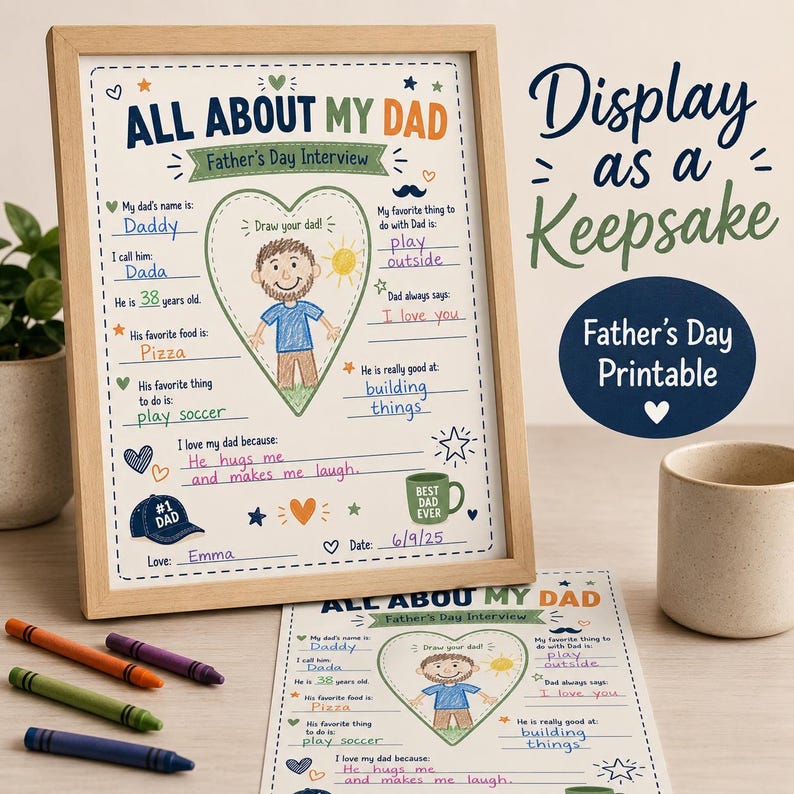 A framed Father's Day interview printable with the text "All About My Dad." The design includes space to fill in details like Dad's name, age, favourite food, and activities. The frame is light brown, and the printable is on white paper.