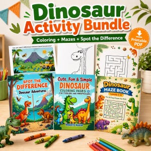 May include: A Dinosaur Activity Bundle with coloring pages, mazes, and spot-the-difference activities. The bundle includes several books with colorful dinosaur illustrations, crayons, and toy dinosaurs. The text on the cover says "Dinosaur Activity Bundle".