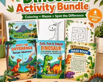 Dinosaur Activity Book Bundle – 300+ Pages of Mazes, Coloring & Spot the Difference (Digital Download)