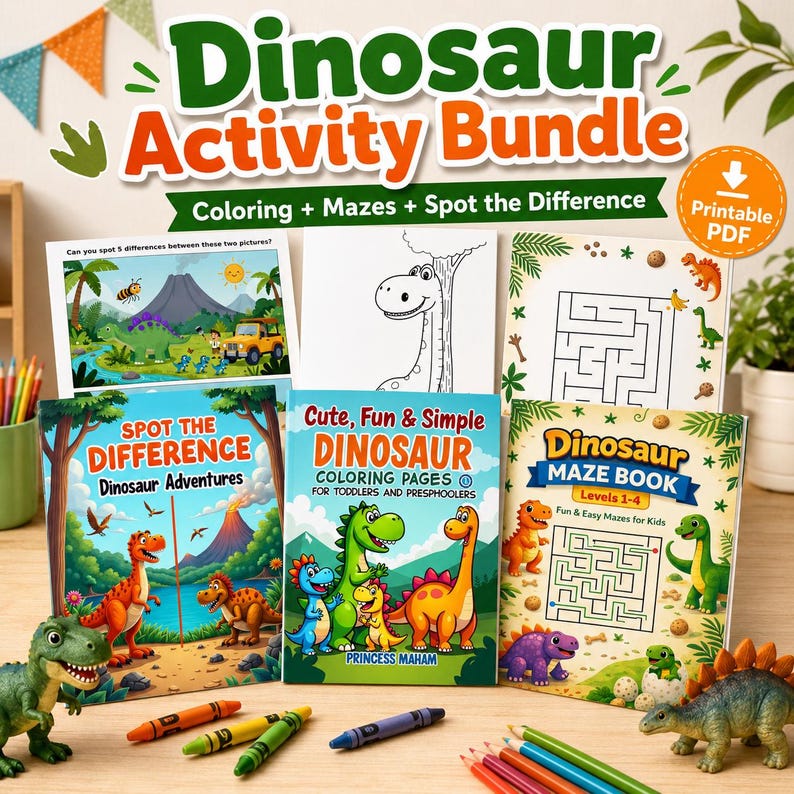 May include: A Dinosaur Activity Bundle with coloring pages, mazes, and spot-the-difference activities. The bundle includes several books with colorful dinosaur illustrations, crayons, and toy dinosaurs. The text on the cover says "Dinosaur Activity Bundle".