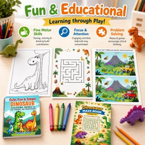 May include: A collection of dinosaur-themed educational materials. Includes coloring books, maze books, crayons, and toy dinosaurs. The image features the text "Fun & Educational" and "Learning through Play!" promoting fine motor skills, focus, and problem-solving.