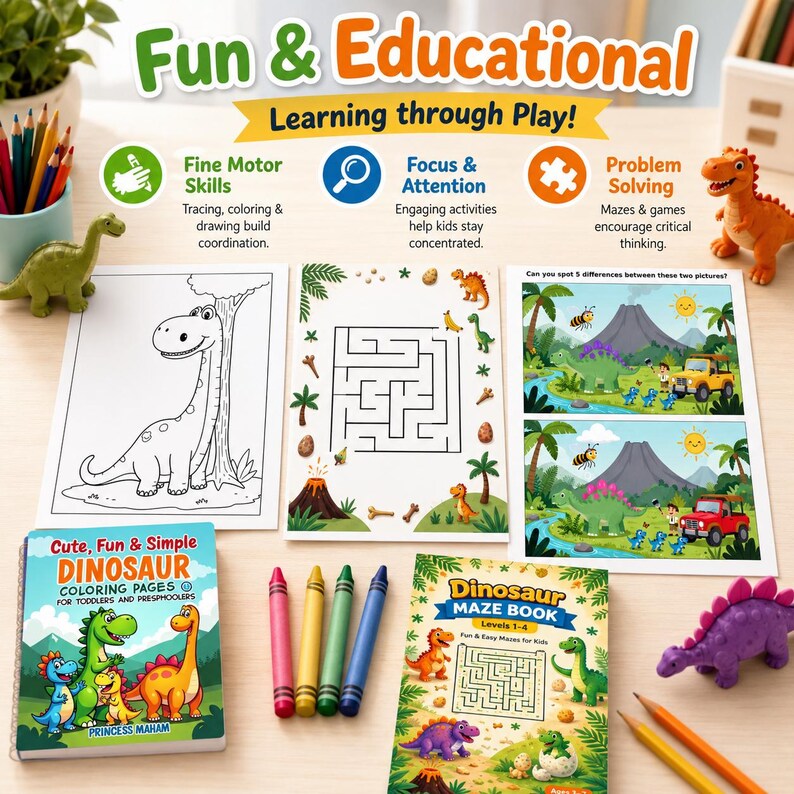 May include: A collection of dinosaur-themed educational materials. Includes coloring books, maze books, crayons, and toy dinosaurs. The image features the text "Fun & Educational" and "Learning through Play!" promoting fine motor skills, focus, and problem-solving.