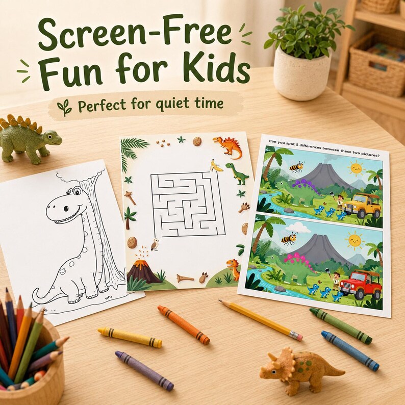May include: A collection of dinosaur-themed activity sheets, including a coloring page, a maze, and a spot-the-difference game. The image also shows crayons, pencils, and dinosaur figurines. Text on the image reads "Screen-Free Fun for Kids" and "Perfect for quiet time."