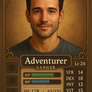 May include: Digital illustration of a male adventurer, level 24 Ranger, with stats displayed. The image has a vintage, fantasy RPG style, with a brown and gold border. The adventurer's HP is 178, and MP is partially filled.