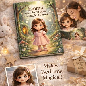 May include: A children's book titled "Emma and the Secret Door to the Magical Forest" with a cartoon illustration of a girl in a pink dress. The image includes a gift box with a ribbon and the text "For My Little Hero."