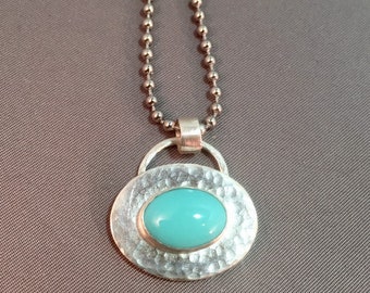 Turquoise Cabochon Textured Sterling Silver Southwest Silversmith Metalwork Necklace Pendant
