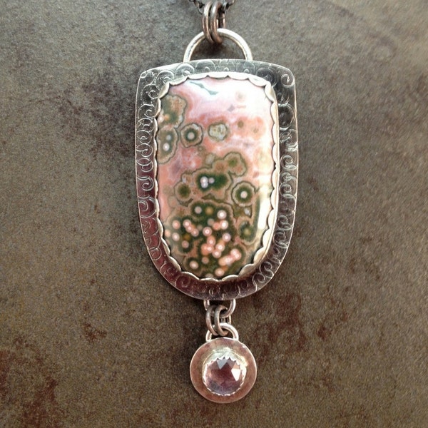 Large Ocean Jasper and Amethyst cabochon metalwork necklace
