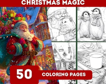 May include: A Christmas-themed coloring book cover with the text "CHRISTMAS MAGIC" at the top. The image features Santa Claus, penguins, a cozy house, and a mug of hot cocoa. The cover also says "50 COLORING PAGES".
