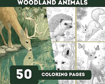 May include: A collection of coloring pages featuring woodland animals. The image includes a deer drinking water, a hedgehog, a squirrel, a fox, and a deer with butterflies. The text reads "WOODLAND ANIMALS" and "50 COLORING PAGES."