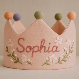 Personalized Pink Flower Crown, Hand-Embroidered Name Crown– fabric crown for babies & toddlers – spring birthdays gifts.