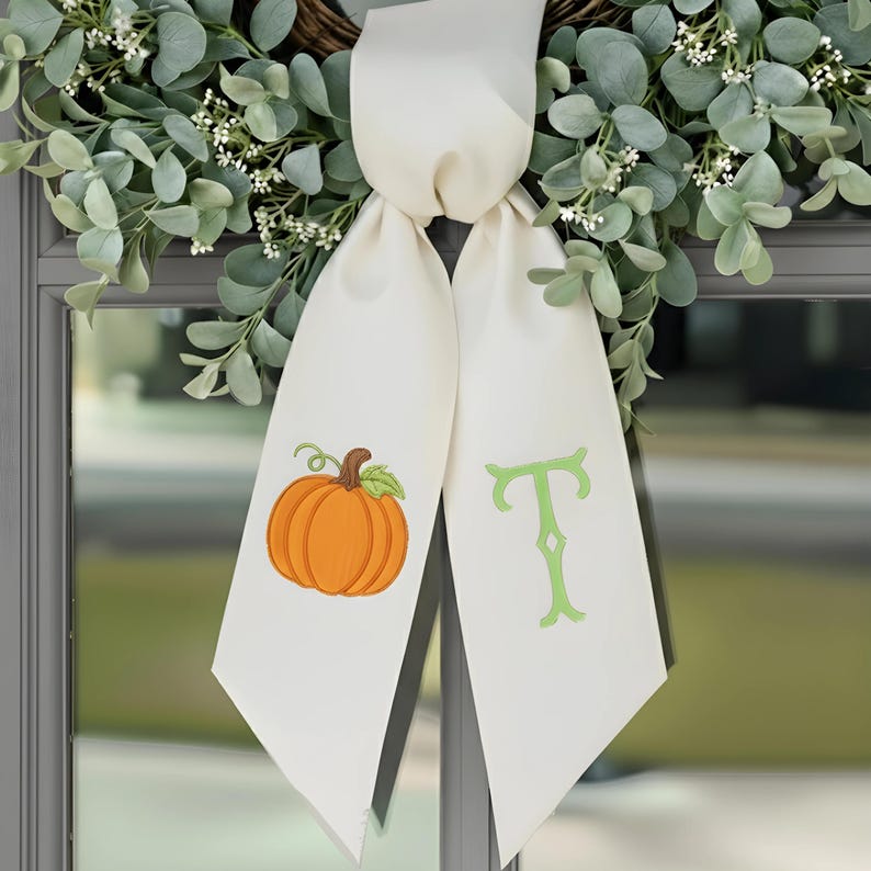Preppy Fall Monogram Wreath Sash for Front Door, Polka Dot Applique Pumpkin Door Bow, Halloween Wreath Tie, Thanksgiving Embroidered Bow