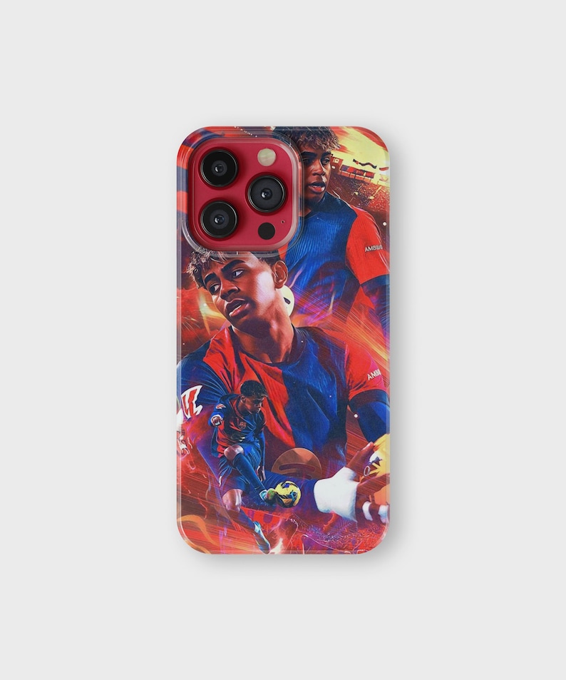 May include: A phone case featuring a collage of a soccer player in action, set against a fiery red and orange background. The player is wearing a blue and red jersey. The case has a glossy finish.