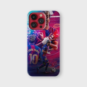 May include: A phone case featuring a collage of a soccer player in a blue and red jersey. The player is shown in action, with the number 10 visible on the jersey. The background is a vibrant mix of colors.