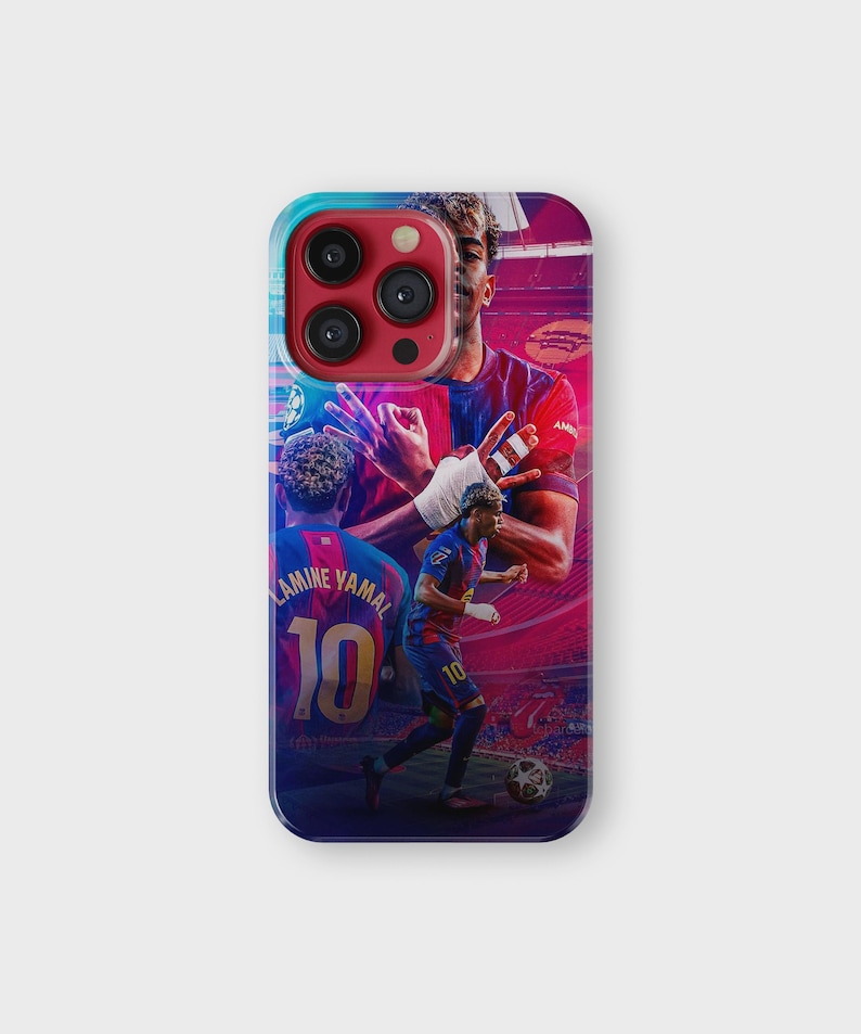 May include: A phone case featuring a collage of a soccer player in a blue and red jersey. The player is shown in action, with the number 10 visible on the jersey. The background is a vibrant mix of colors.
